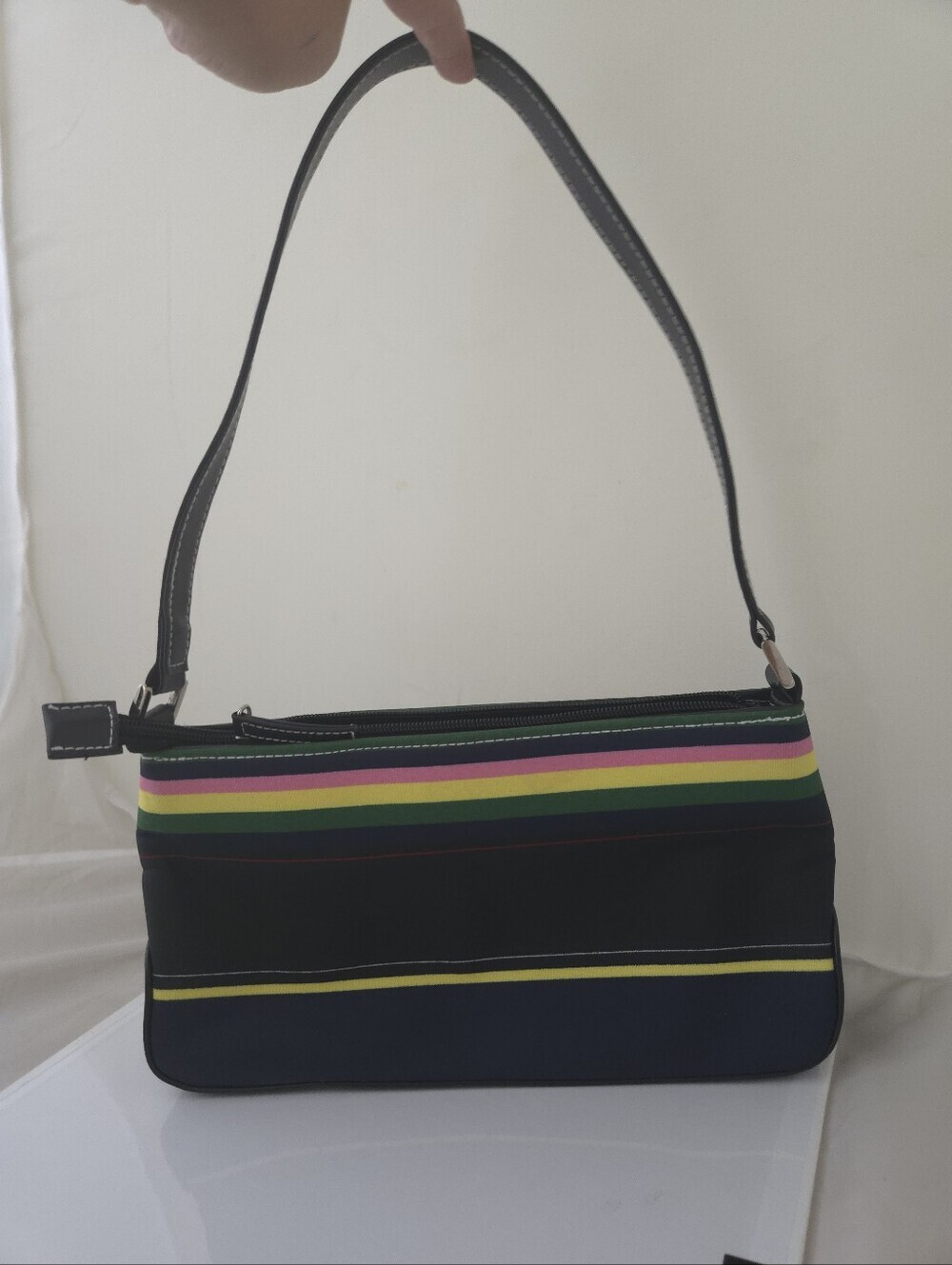 ​Y2K Striped Canvas Shoulder Baguette Bag Colorblock Preppy Underarm Purse Retro